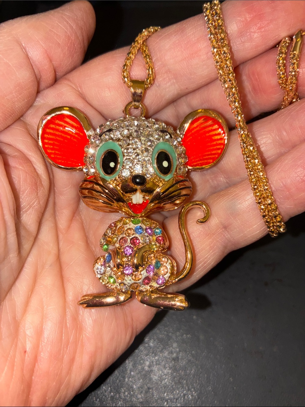 Gold-Tone Multicolor Mouse Pendant Necklace - Red & Multicolor Sparkle